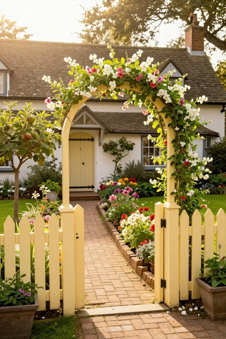 A pale yellow picket fence with an arched gateway covered in white and pink flowers frames a brick path leading to a white house with flower beds on both sides.