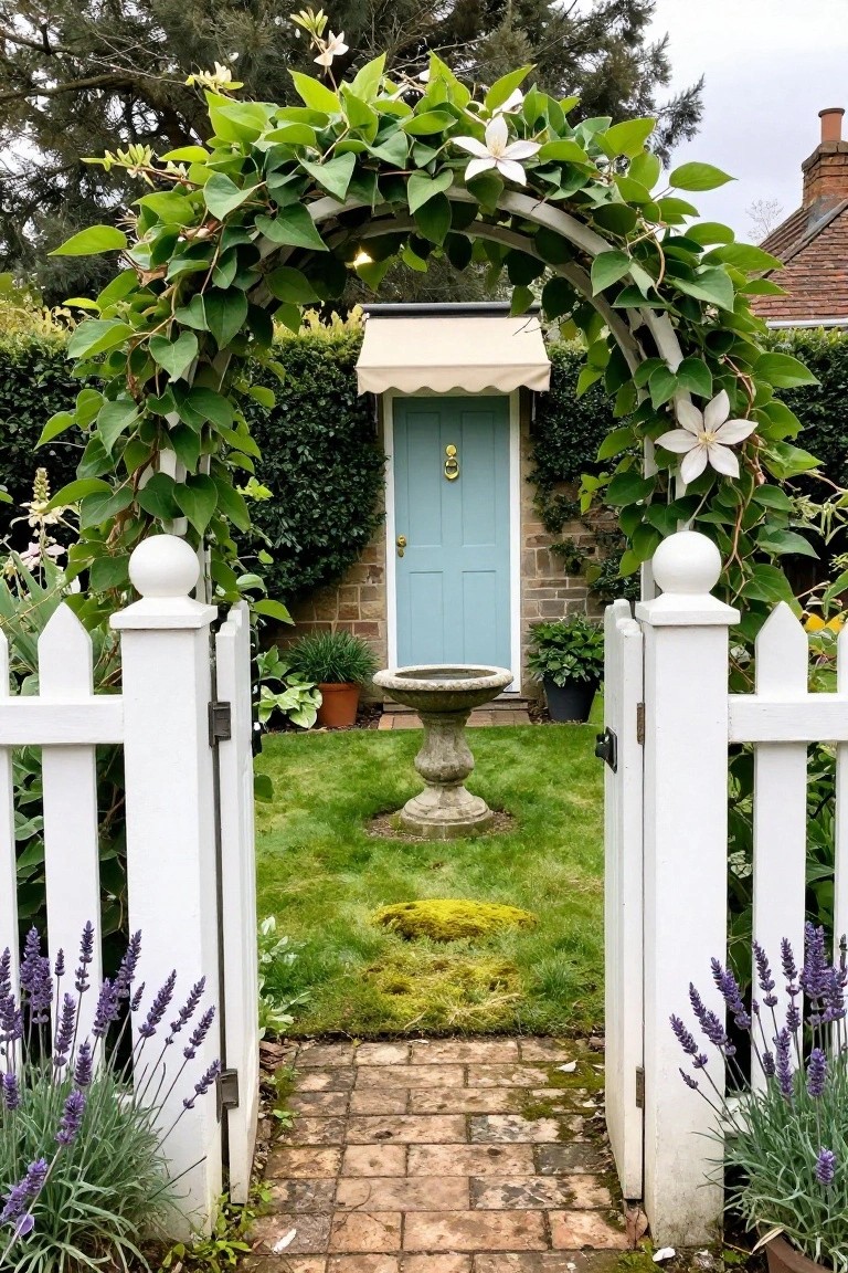 Open white gate under floral arch frames blue door, stone birdbath, and lavender.
