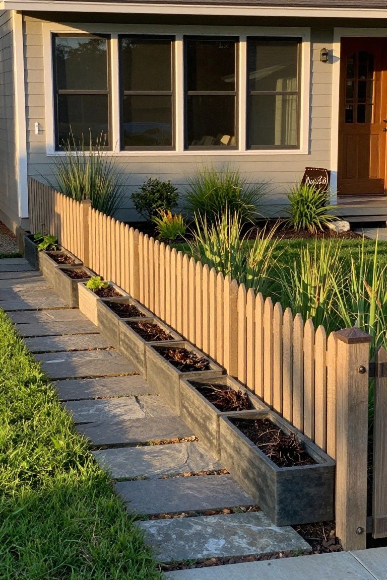 Stepped stone path with wooden planters and picket fence by gray house