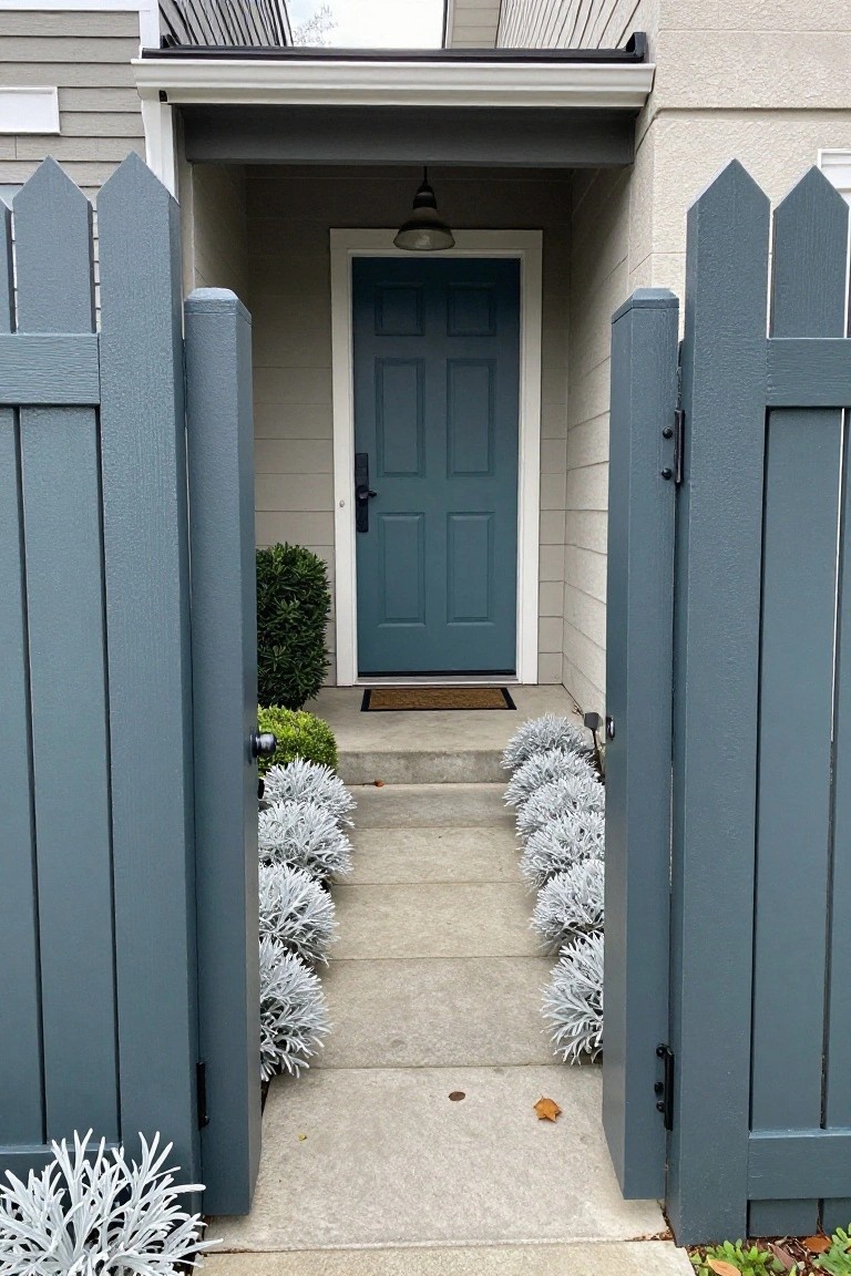 An open gray wood picket fence frames a concrete path leading to a teal front door on a house.