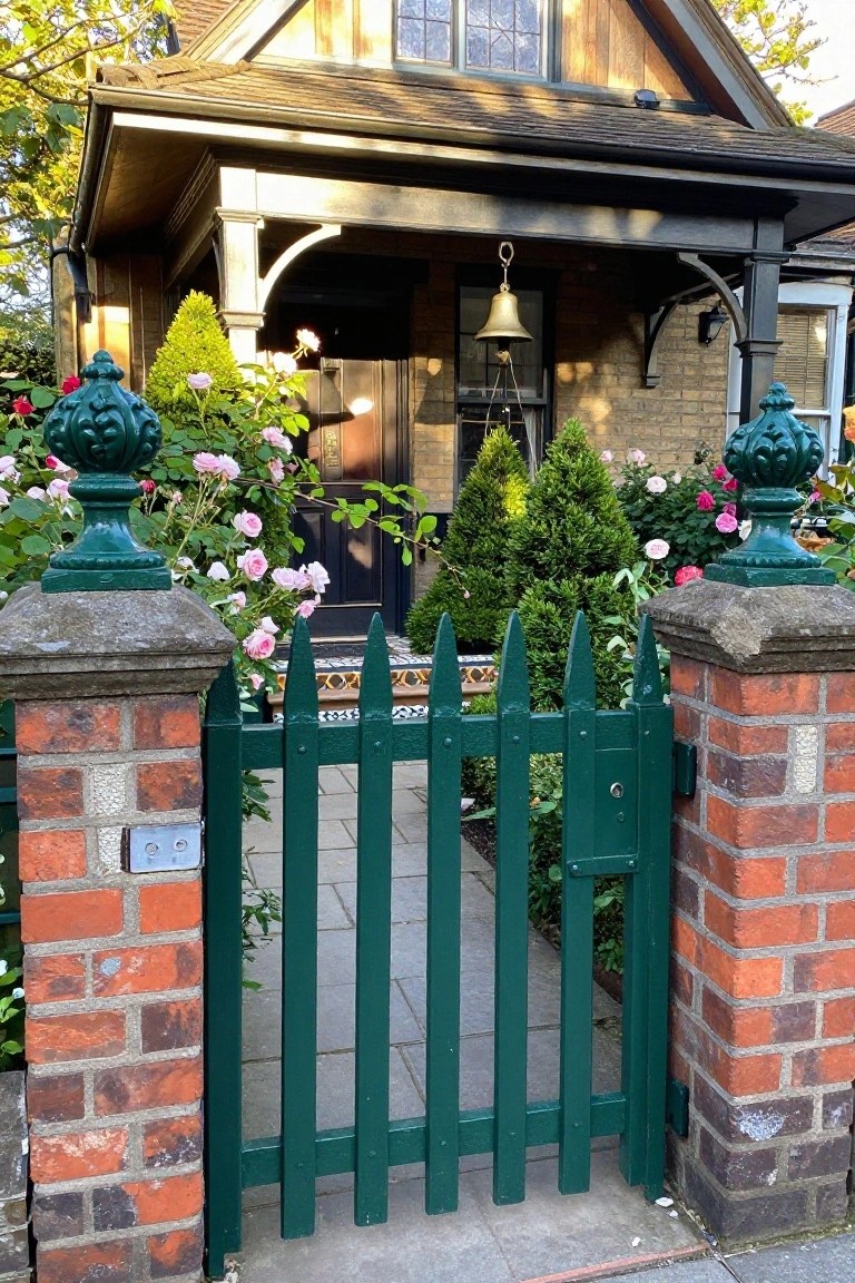 A green wooden picket fence with pointed tops is installed between brick pillars topped with decorative green caps, in front of a brick house with rose bushes.