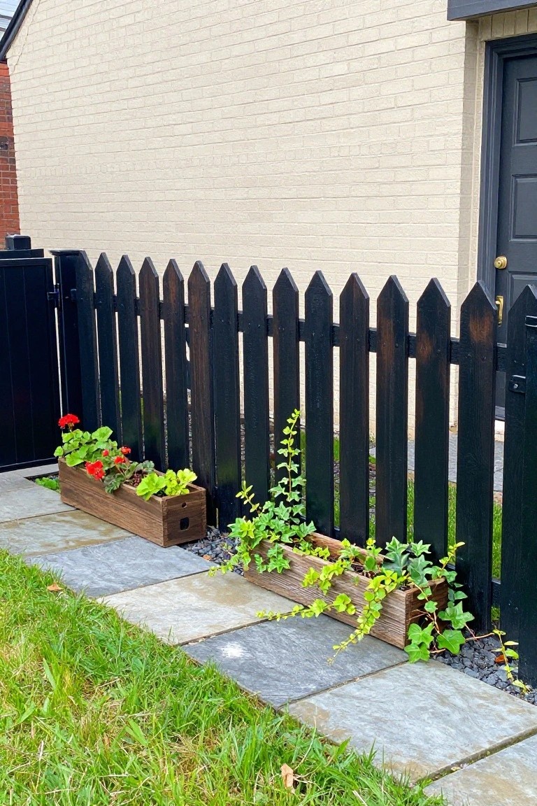 A black wooden picket fence with two rectangular wooden planters holding flowers and trailing ivy placed along its base next to a stone path.