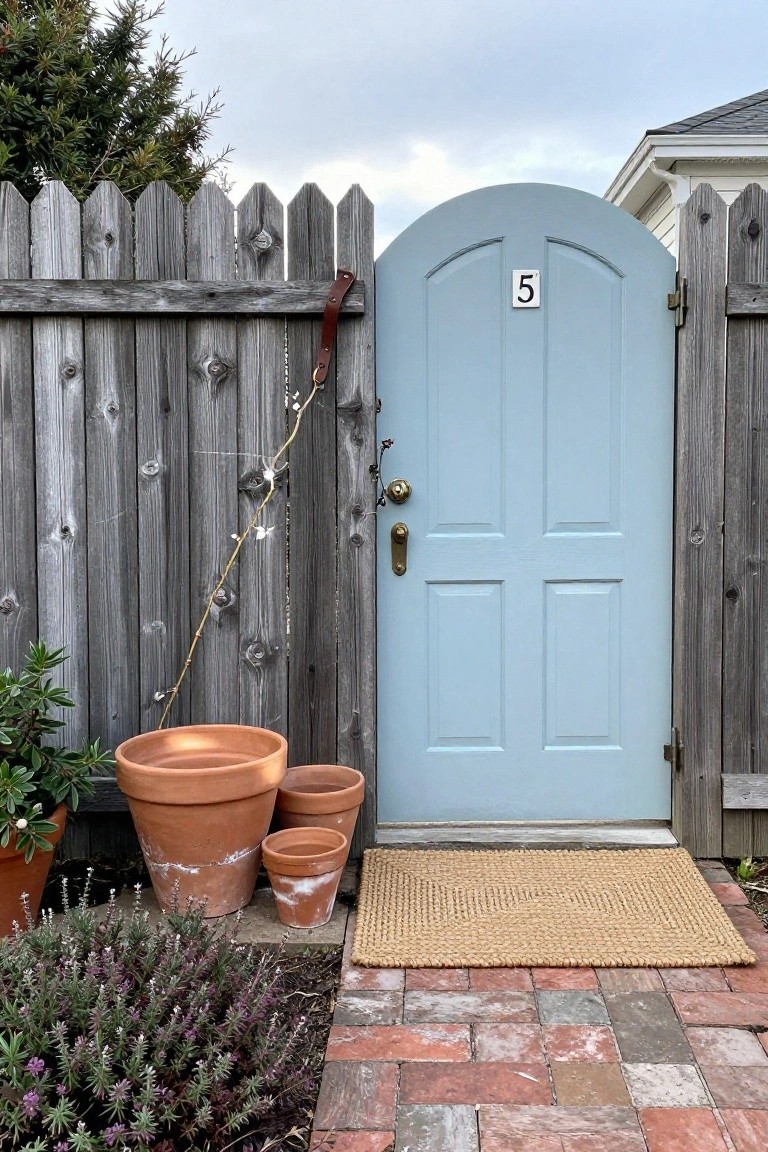 A light blue arched gate set within a weathered gray wood picket fence, with terracotta pots and a woven mat at the entrance.