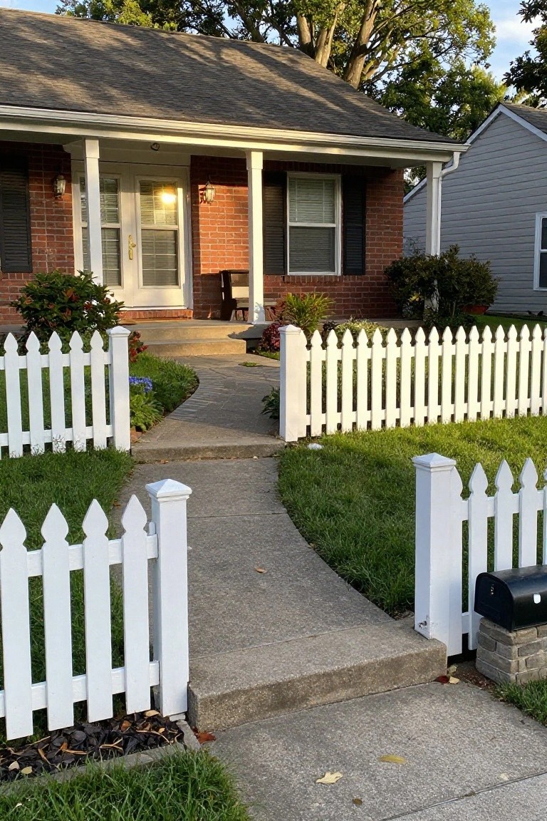A white picket fence borders a curved concrete walkway leading to the porch of a brick house, with grass and shrubs on both sides of the path.
