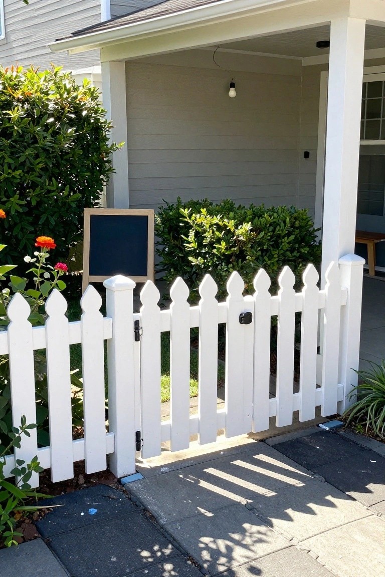 A white wooden picket fence with a gate stands in front of a house, next to green shrubs and a small chalkboard sign.