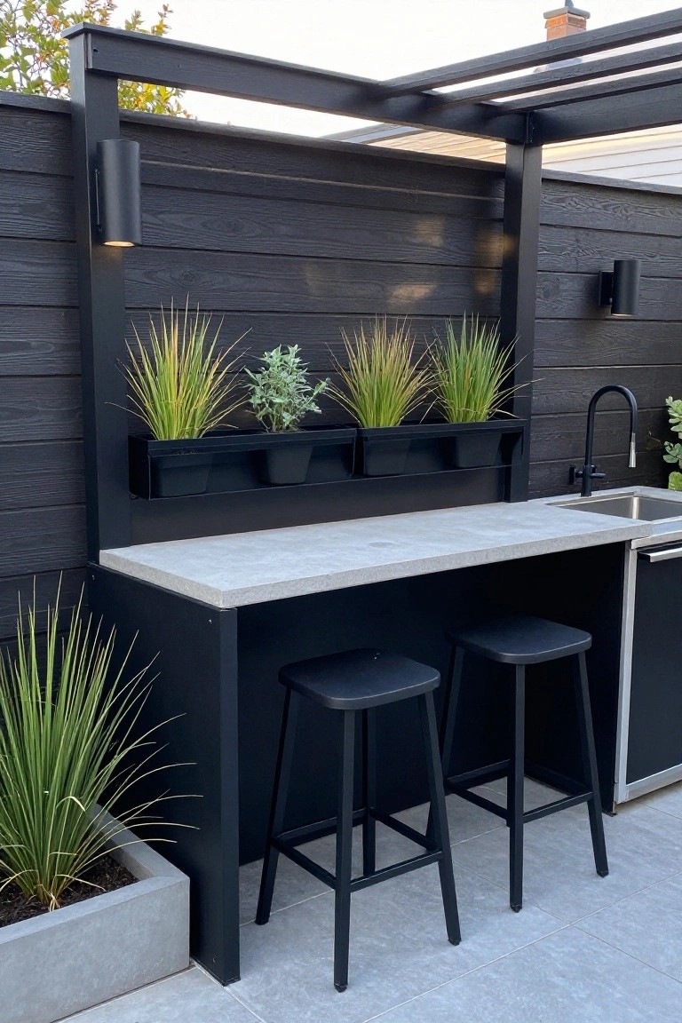 Outdoor bar counter with concrete top, two black stools, sink, and black planters mounted on a dark wood fence wall.