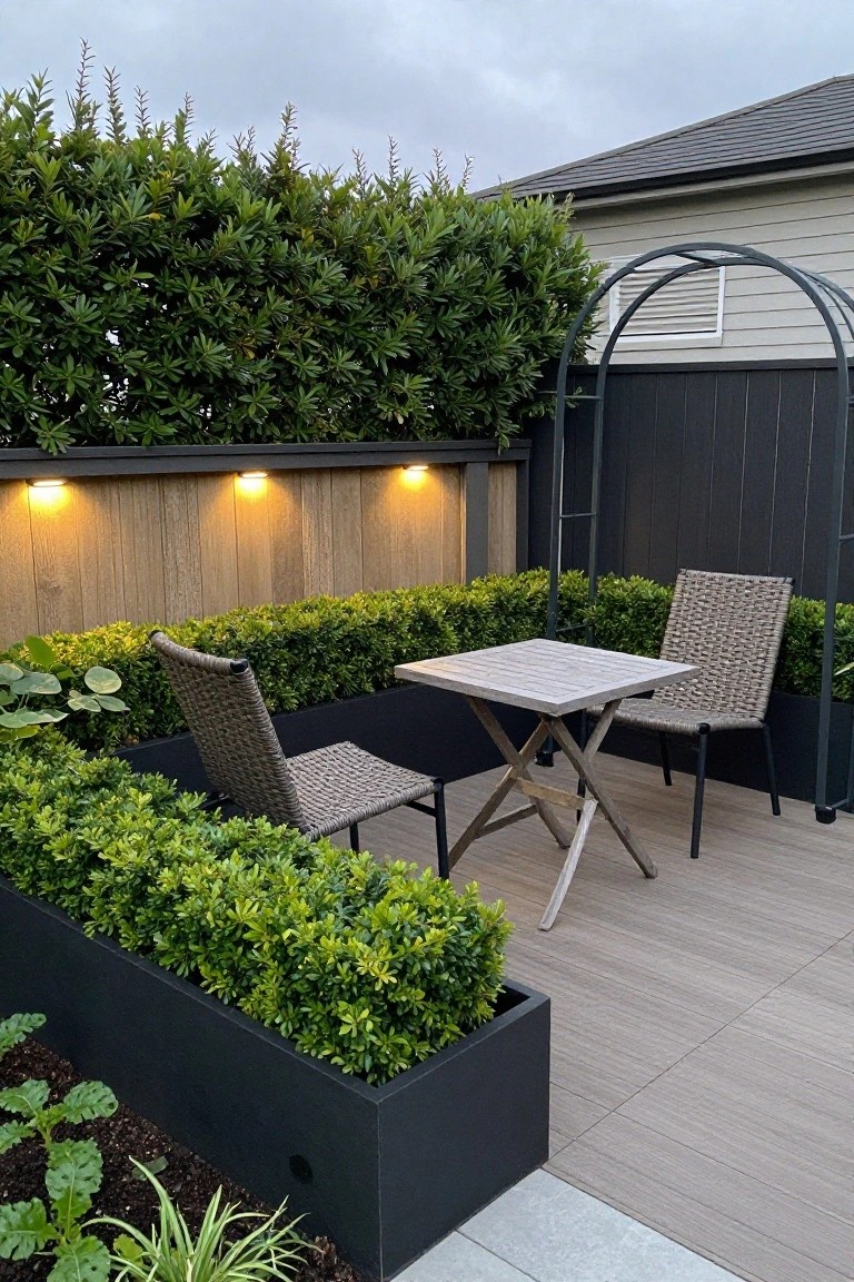 A backyard patio scene showing a wood fence with three warm lights mounted along the top, a small square table with two woven chairs, and raised black planters filled with green shrubs on a gray deck.