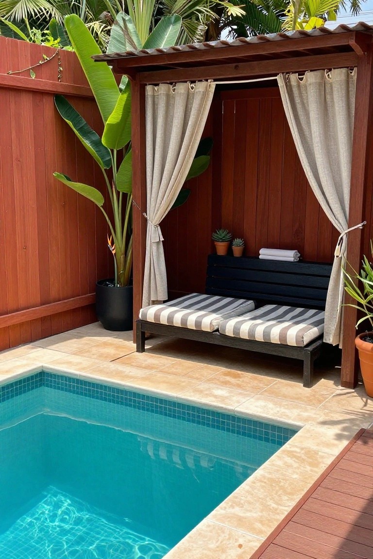 A wooden cabana with beige curtains beside a swimming pool, featuring a black bench with striped cushions against a red wood fence.