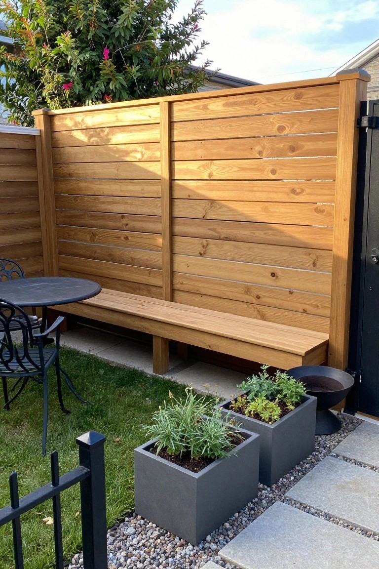 Wooden fence with built-in bench, gray planters on gravel, and patio seating area in a backyard.