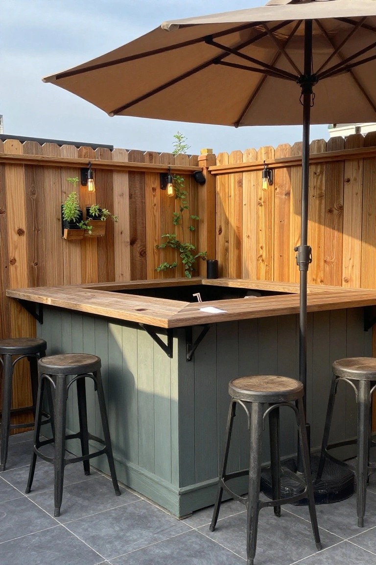 An L-shaped wooden outdoor bar counter with metal stools set against a tall wood fence, shaded by a large umbrella.