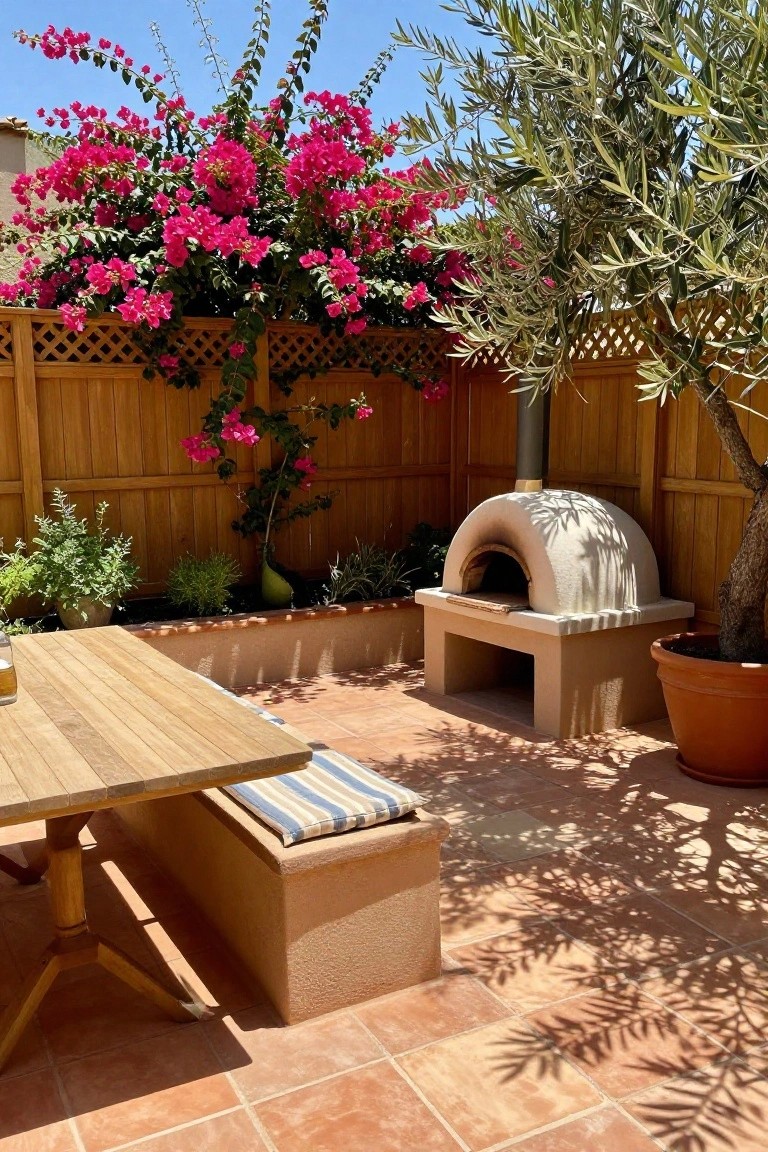 A backyard patio with terracotta tiles, a wooden fence with pink flowering vines, a built-in bench with a striped cushion, a pizza oven, and an olive tree in a pot.