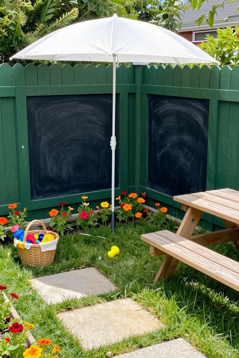 A green wooden fence with two large chalkboard panels, a white patio umbrella, a wooden picnic table, flowers, and a basket of toys in a grassy backyard.
