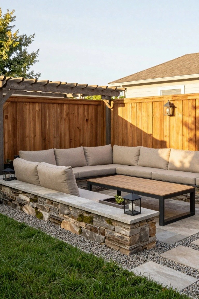 Backyard patio with L-shaped sectional sofa on a raised stone base in front of a tall wooden fence and under a wooden pergola.