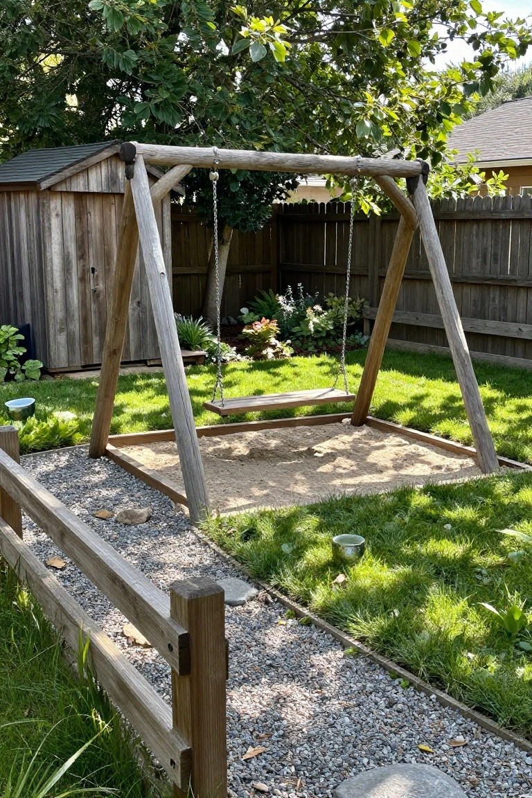 A wooden swing set positioned over a sand area bordered by low wood planks, with gravel paths leading through the backyard and a tall wood fence in the background.