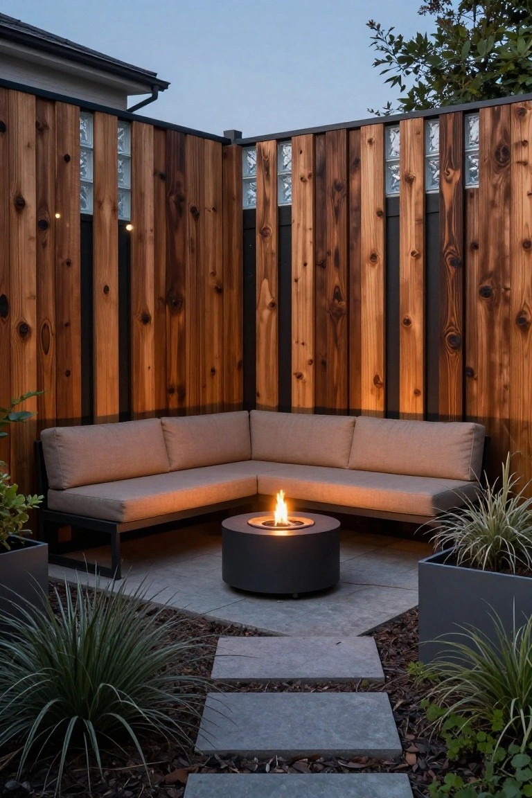 A wooden fence encloses a patio corner with an L-shaped sectional sofa around a round fire pit on pavers and plants along the edges.