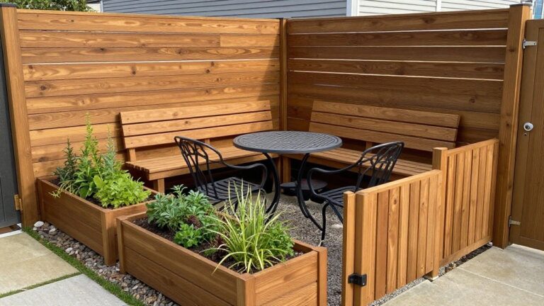 20 Beautiful Backyard Wood Fence Ideas Designed for Everyday Outdoor Living Wooden fence with built-in bench, gray planters on gravel, and patio seating area in a backyard.