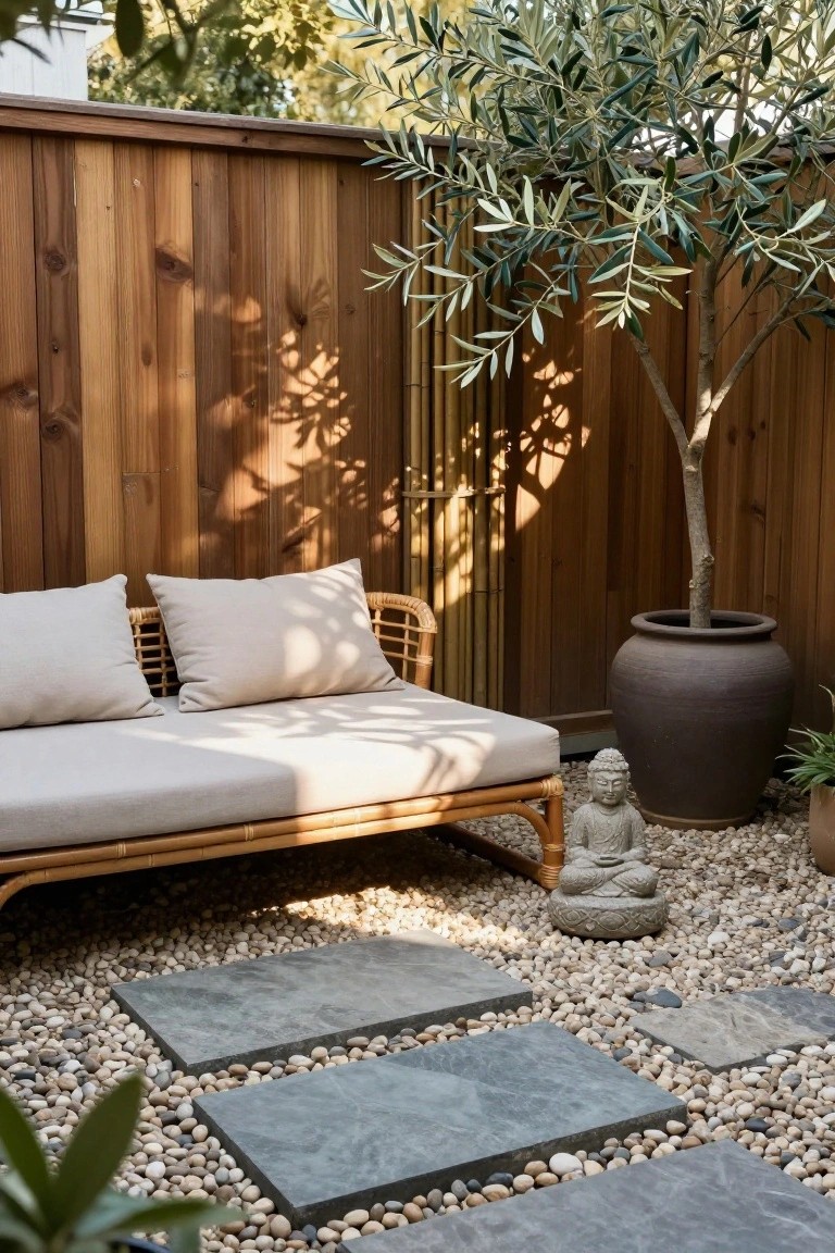 A wooden fence backs a bamboo-framed daybed on gravel with gray stepping stones, a potted olive tree, and a small Buddha statue.