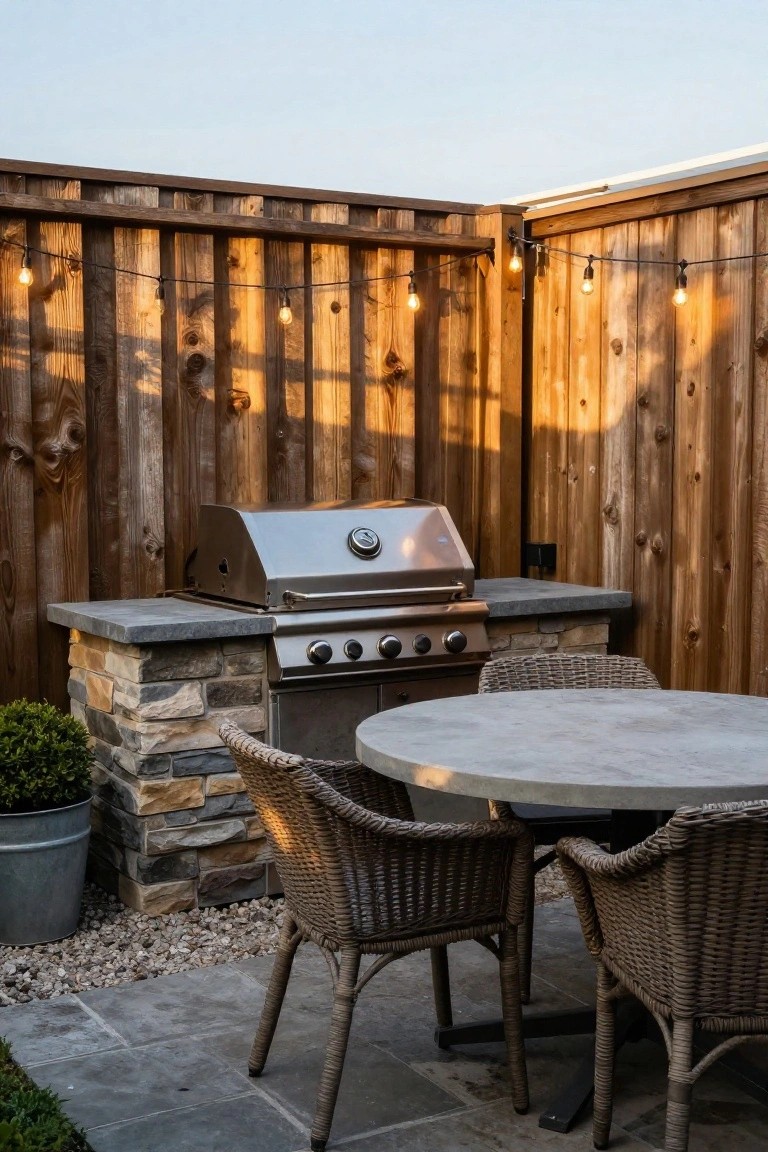 Outdoor patio with stainless grill on stone base, round table, wicker chairs, and string lights