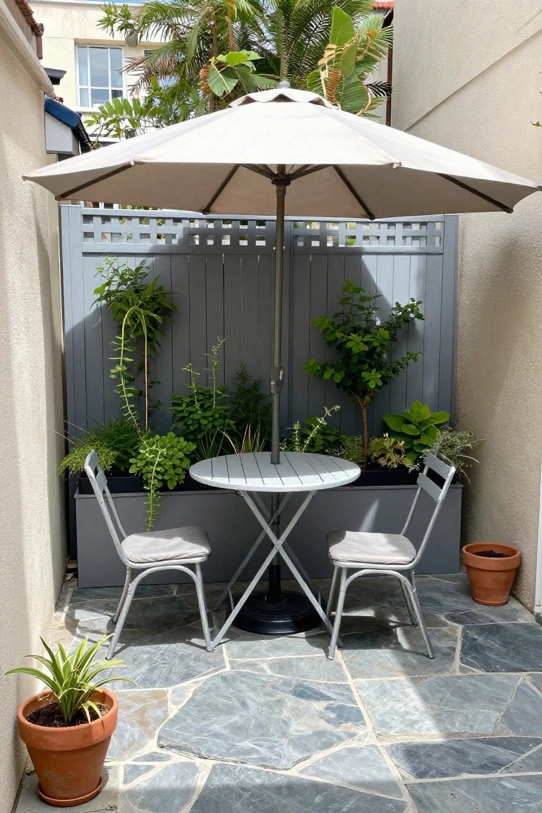 A small patio area with a round table and two chairs under a large umbrella, positioned in front of a gray wood fence that has a long attached planter box filled with green plants and stone pavers on the ground.