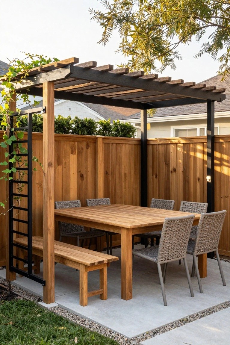 A wooden pergola attached to a tall backyard fence covers a concrete patio with a dining table, bench, and woven chairs.