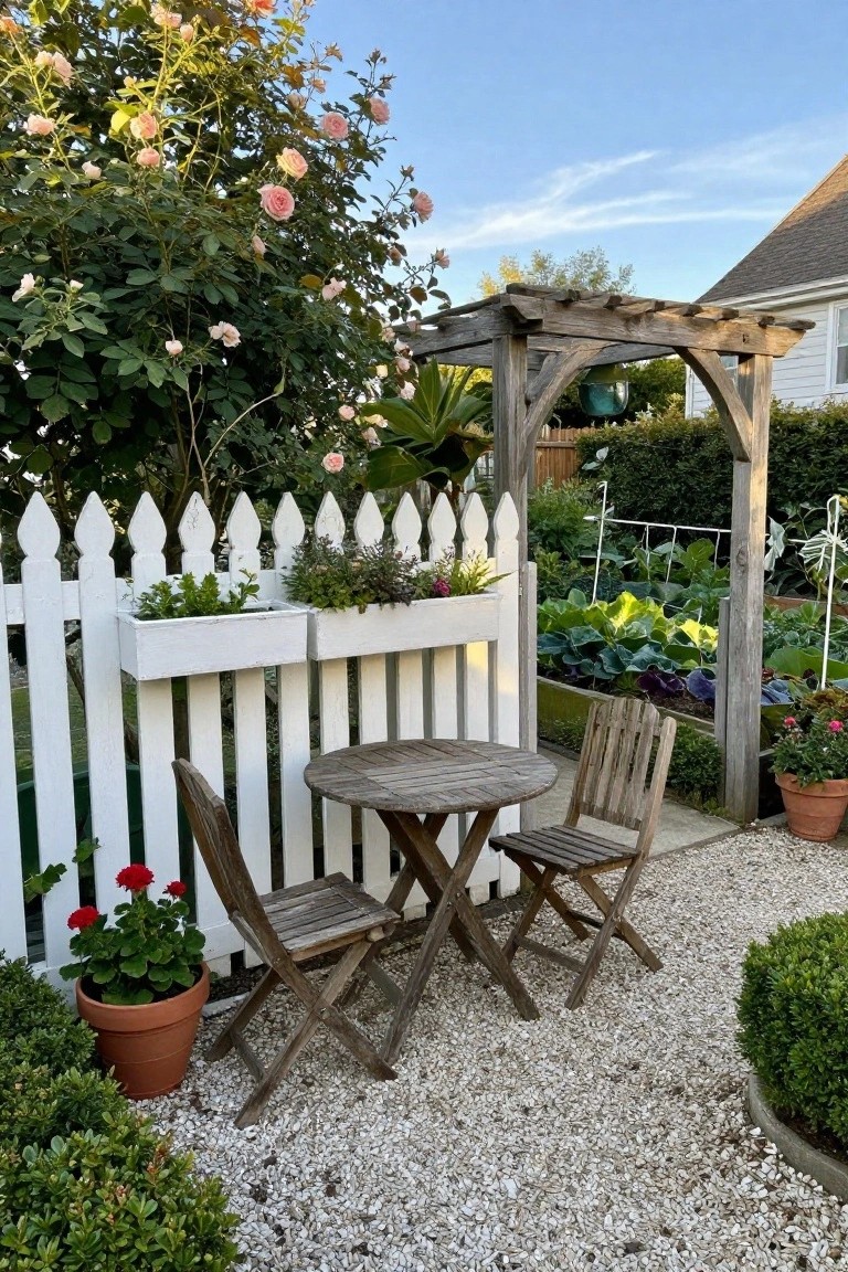 A white picket fence with attached planters stands beside a round wooden table and two folding chairs on white gravel, with a wooden pergola overhead and a garden visible beyond.