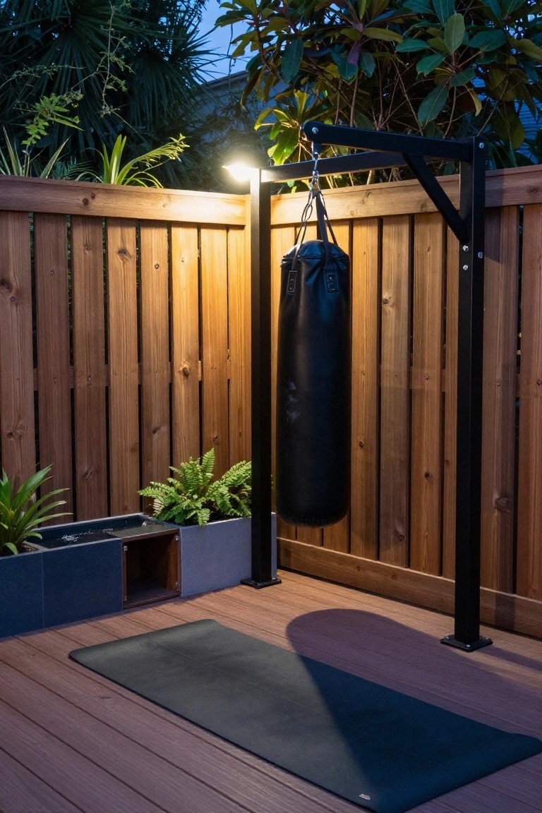 A wooden deck enclosed by a tall vertical wood fence, with a black punching bag on a metal stand and a black yoga mat laid out on the deck.