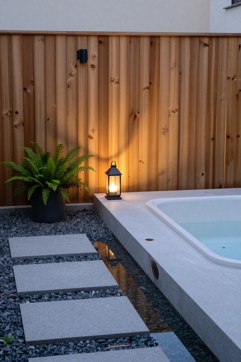 A backyard with a tall vertical wood fence, a lit black lantern on the ground, a potted fern, gray stepping stones on gravel, and the edge of a pool.
