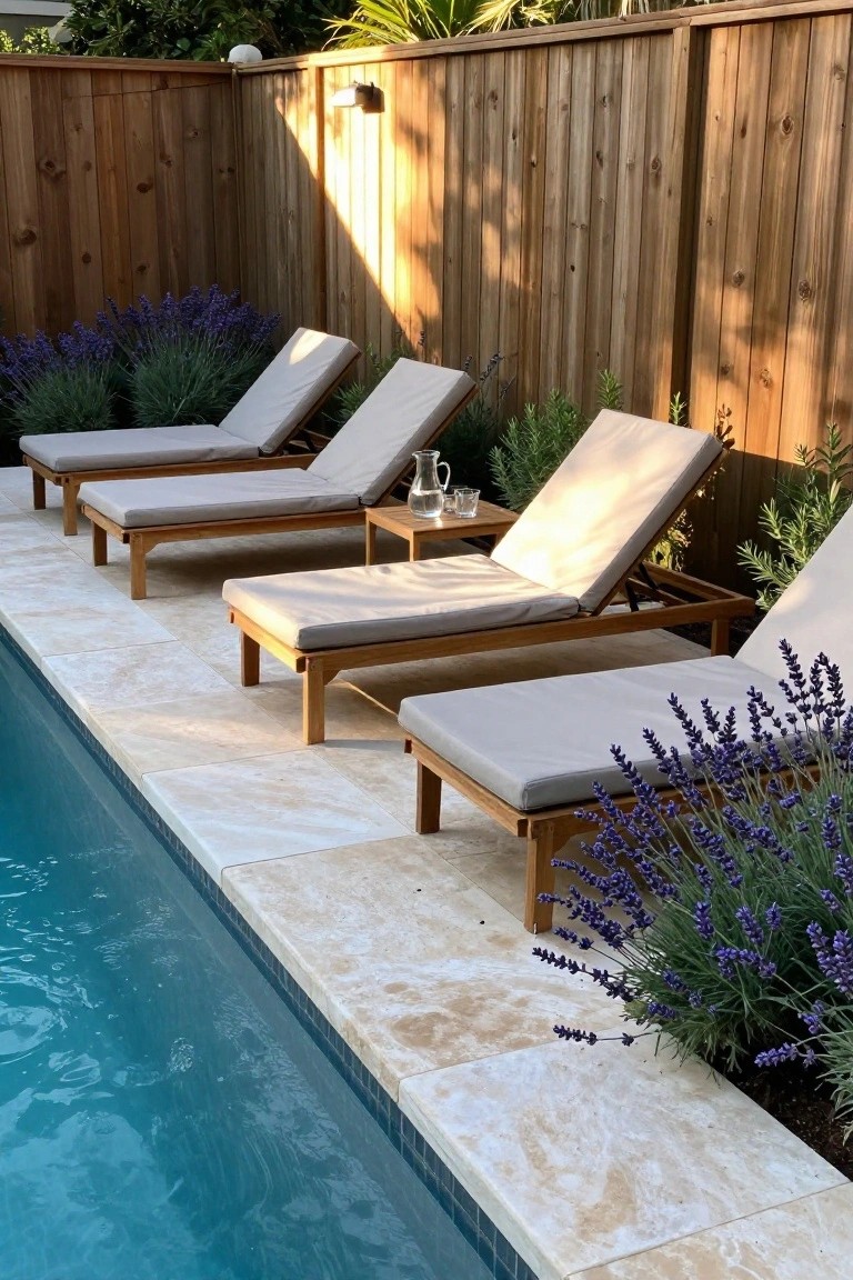 Three wooden lounge chairs with light cushions arranged on a stone deck beside a swimming pool, backed by a tall wooden fence and lavender plants.