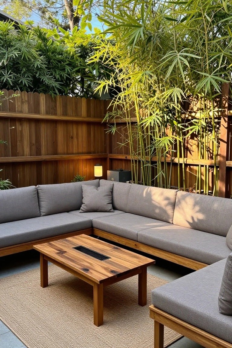 Wooden L-shaped sectional sofa with gray cushions and coffee table amid bamboo plants
