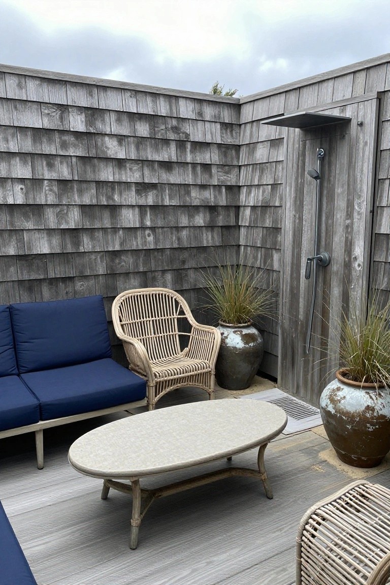 A deck corner enclosed by gray wooden shingle fencing, with a blue sofa, wicker chair, oval table, potted plants, and an outdoor shower mounted on one wall.