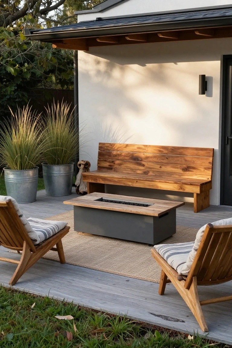 A wooden deck patio shows a long wooden bench against a white wall, a rectangular fire pit table on a woven rug, and two wooden armchairs.