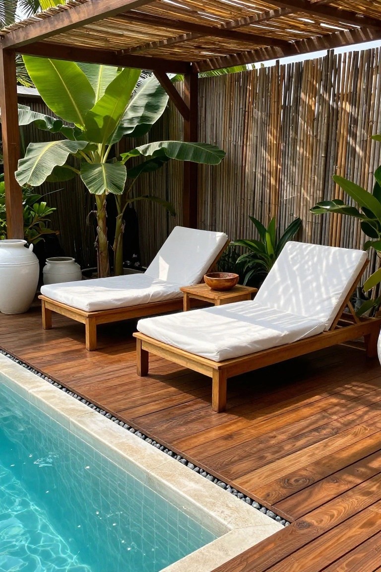 Two wooden lounge chairs with white cushions sit on a wooden deck under a slatted pergola beside a swimming pool with tropical plants in the background.