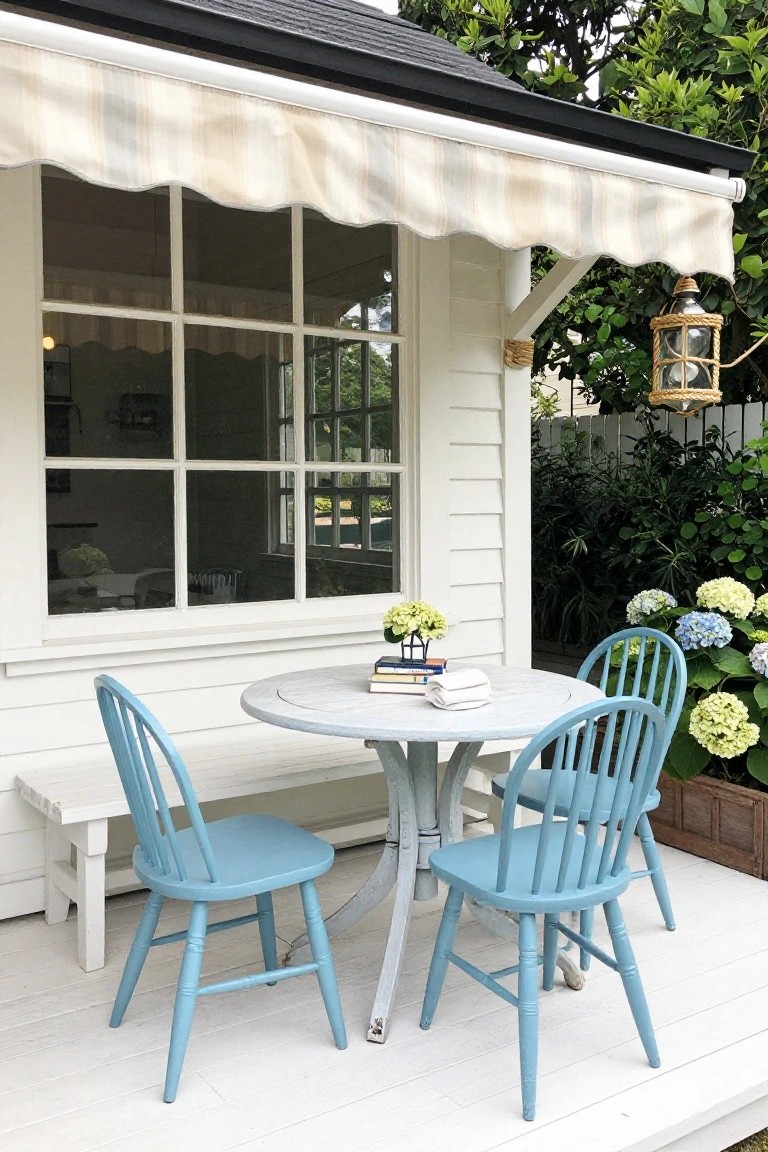 A white wooden deck with a round table, two blue chairs, and a bench sits in front of a small white building with a large window and a striped awning overhead.