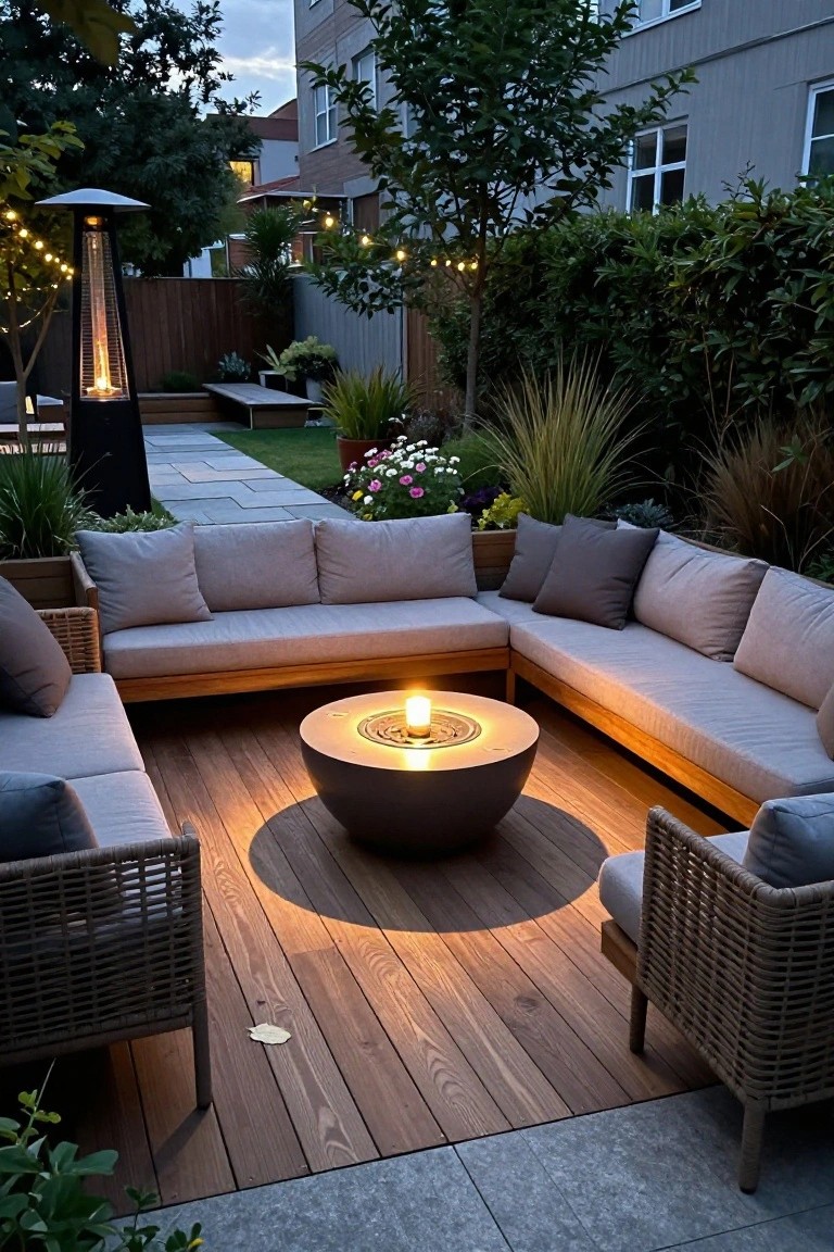 A wooden deck patio with a curved sectional sofa arranged around a round fire pit containing a lit candle, plus two wicker chairs and a tall patio heater in the background.