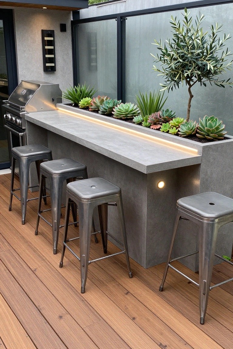 Modern concrete bar with LED lighting, metal stools, succulents, olive tree, and grill on deck