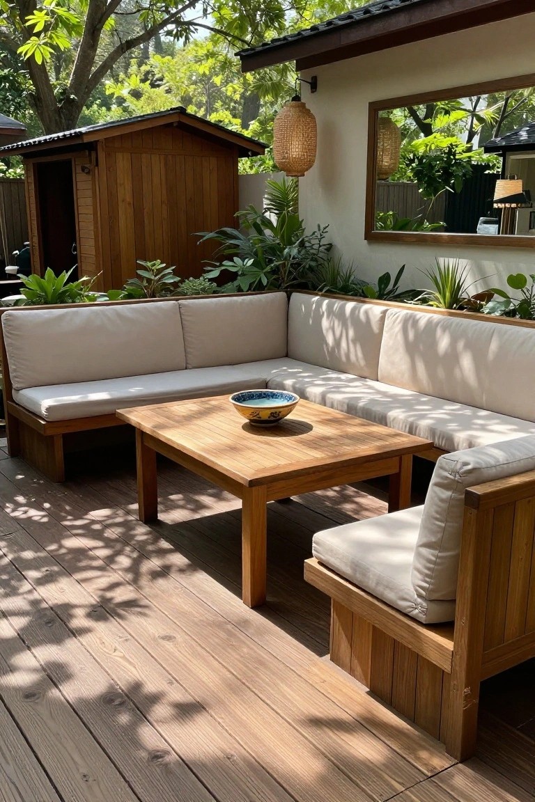Wooden deck with L-shaped built-in benches topped with light cushions, a square wood coffee table, and surrounding plants.