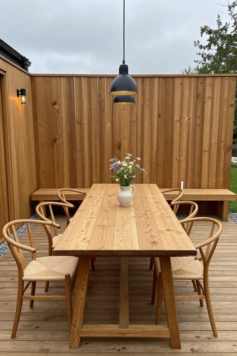 A long wooden dining table with mixed chairs and benches on a deck, set against a tall wooden fence with a black pendant light overhead.