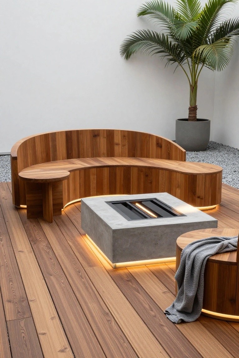 Curved wooden bench with warm lighting around glowing concrete fire pit on deck