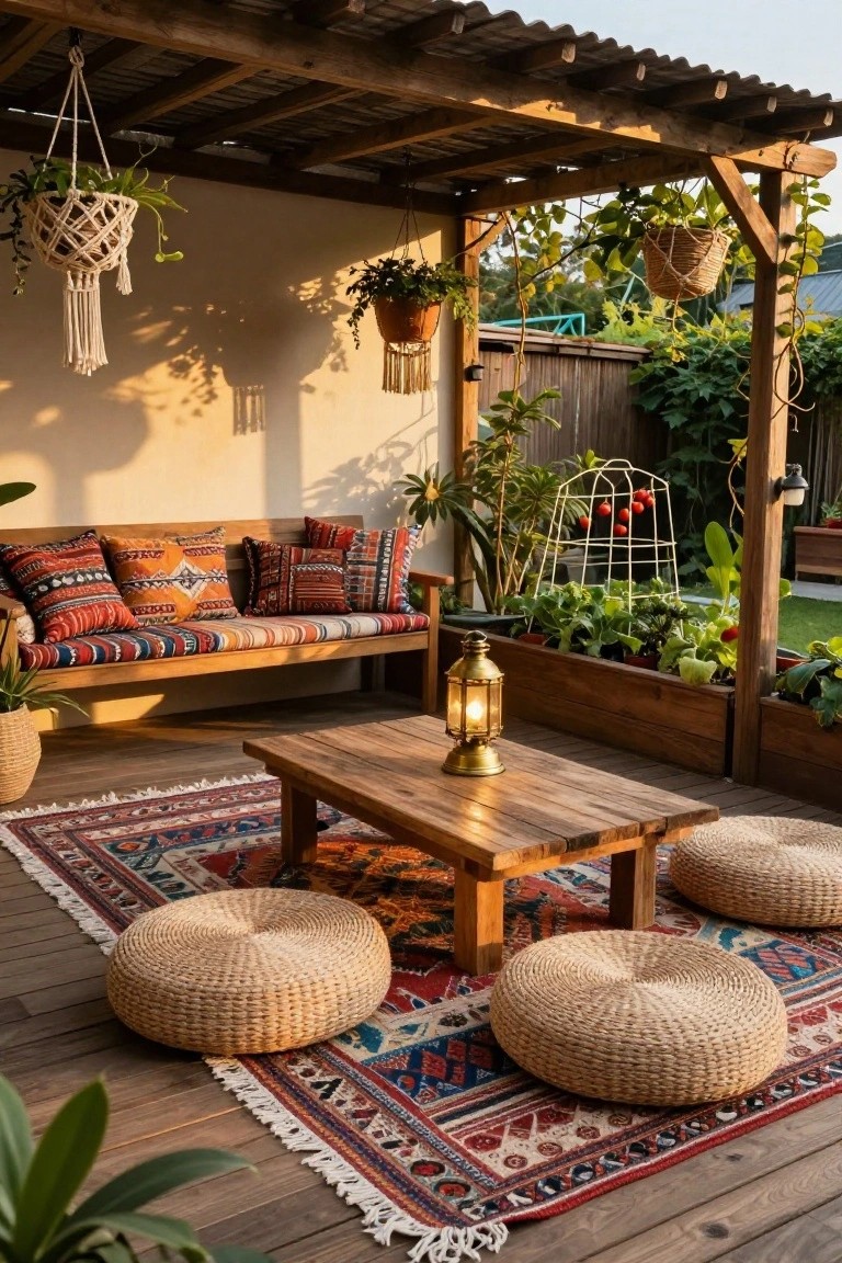 Wooden patio under a pergola with a large patterned rug holding a low table, woven floor cushions, a cushioned bench, and hanging plants.