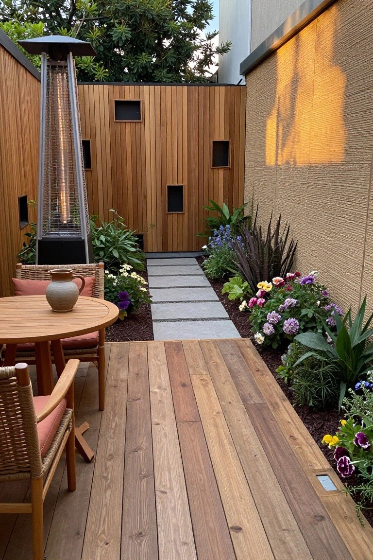 Ground-level wooden deck with a straight stone path running between planted garden beds and a round wooden dining table with chairs on the left.