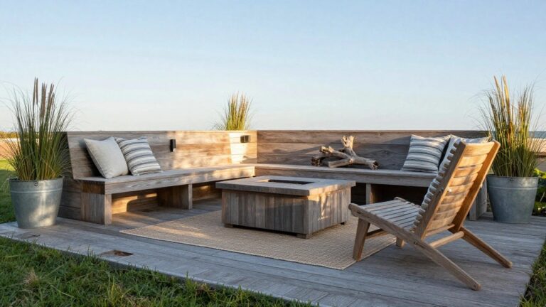 19 Clever Ground-Level Wooden Patio Ideas That Feel Open and Inviting A wooden deck patio shows a long wooden bench against a white wall, a rectangular fire pit table on a woven rug, and two wooden armchairs.