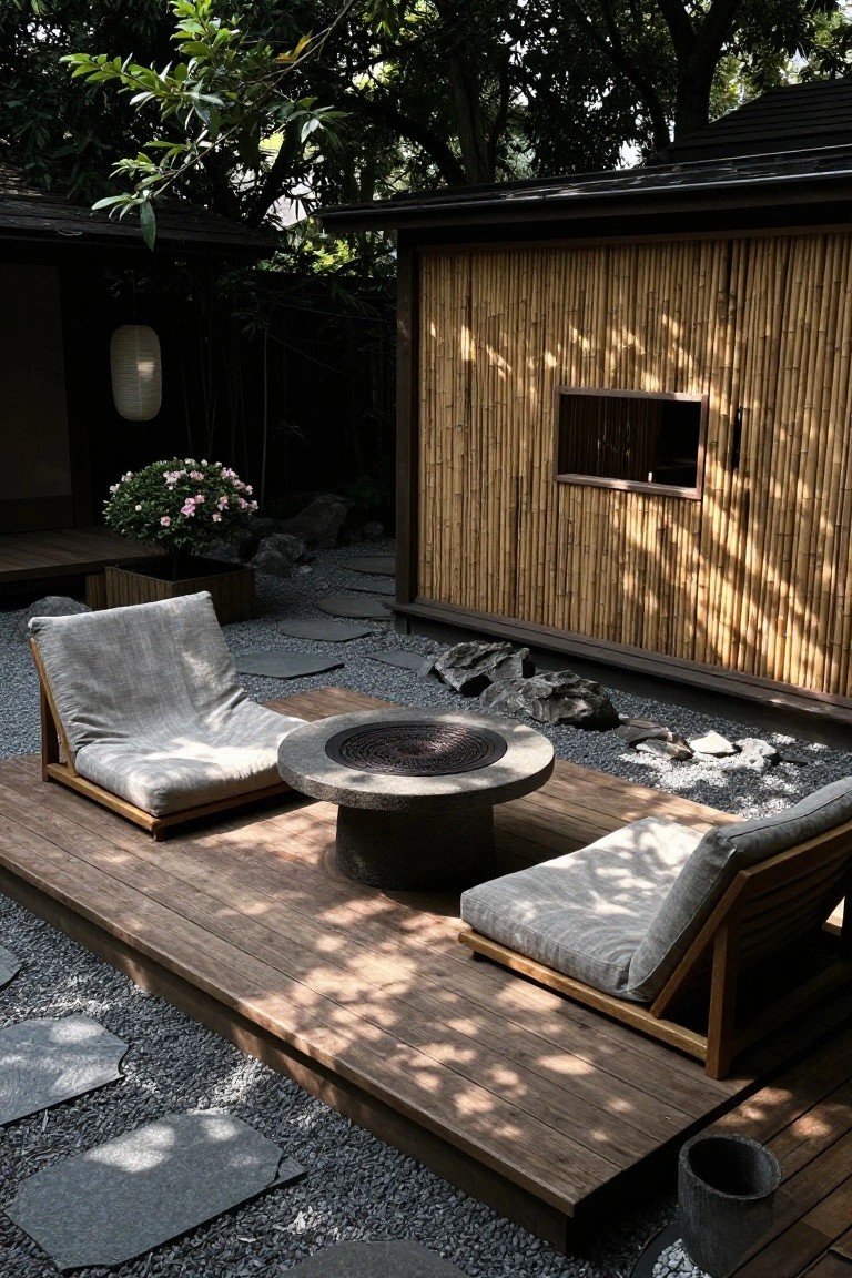 A ground-level wooden deck with two cushioned lounge chairs and a round stone fire pit, set against a bamboo wall with gravel and stepping stones nearby.