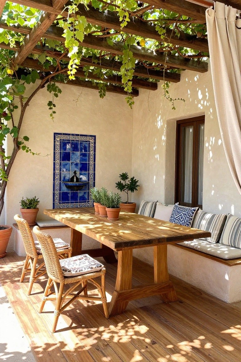 A wooden patio dining area with a long table under a vine-covered pergola, mixed seating of wicker chairs and a cushioned bench, and a tiled fountain on the wall.