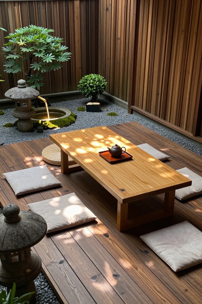 Wooden deck with low table, floor cushions, teapot on tray, gravel garden, stone lanterns, and surrounding plants.
