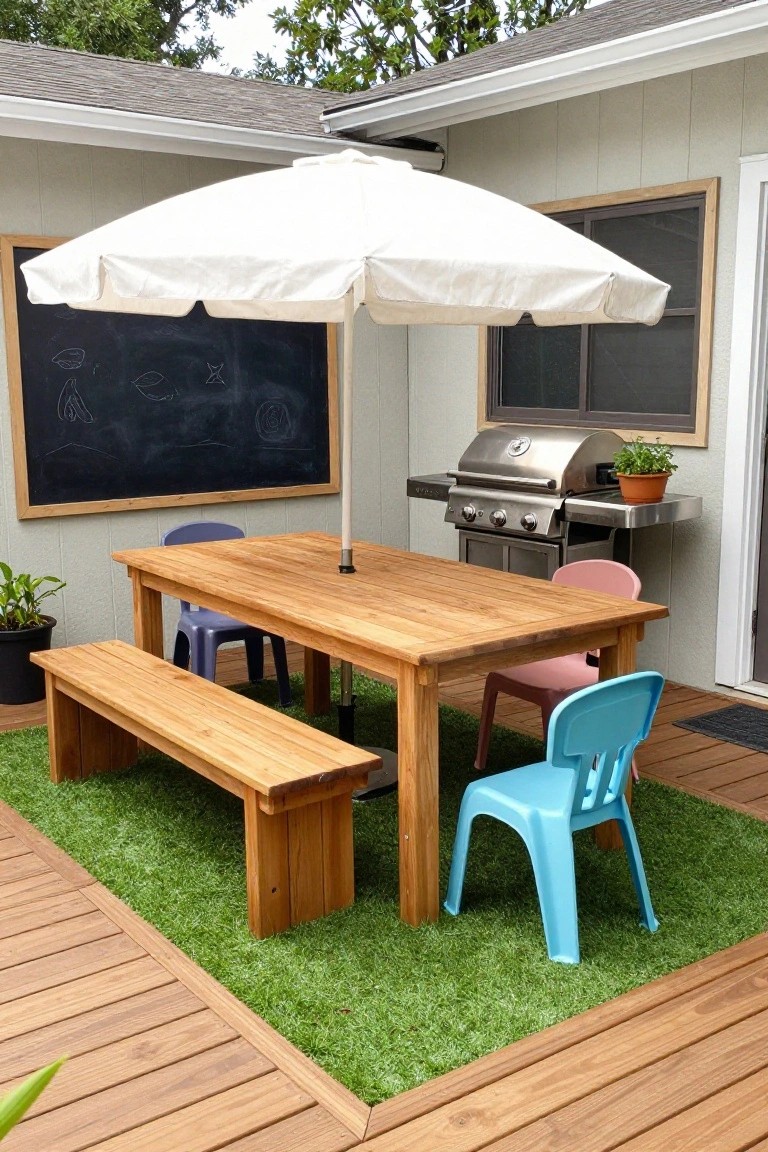A wooden deck with a rectangular patch of green artificial turf holding a long wooden dining table, bench, and colorful plastic chairs under a large white umbrella, next to a stainless steel grill.
