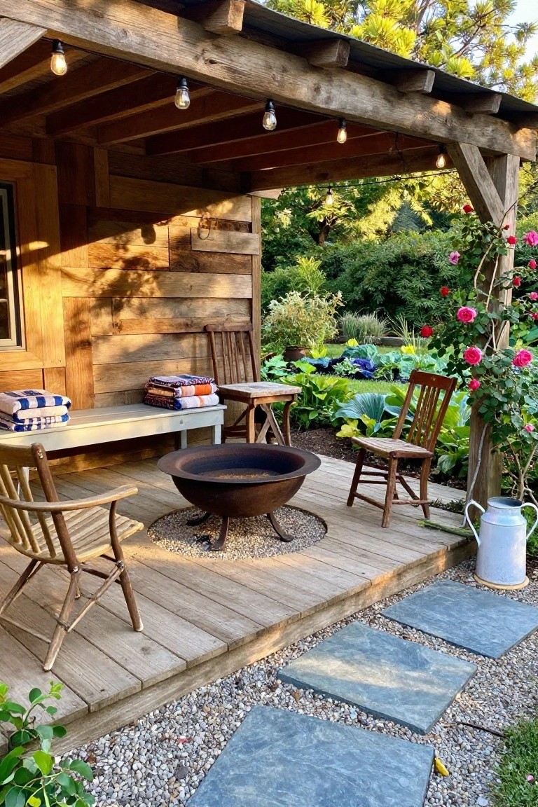 Rustic wooden deck with fire pit, string lights, chairs, and blooming garden