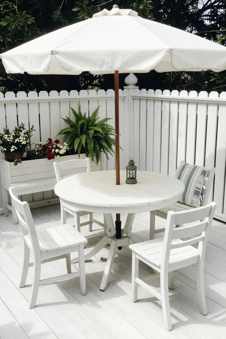 A round wooden table with white chairs sits on a light wooden deck under a large white umbrella beside a white fence with potted plants.