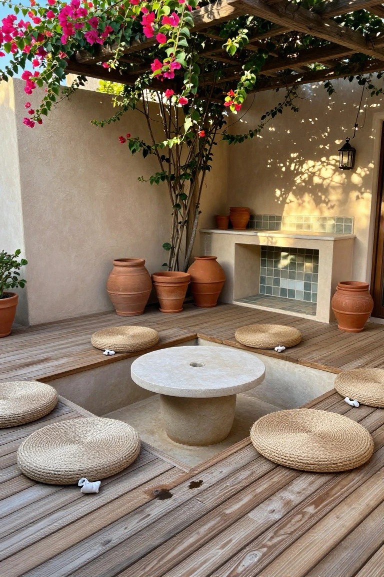 A wooden patio with a sunken central seating area featuring a round stone table, woven cushions on the deck, terracotta pots along the walls, and flowering vines overhead on a pergola.