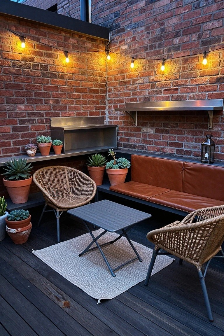 A ground-level wooden deck patio with a brown leather sofa against a brick wall, two wicker chairs, a small table on a light rug, and several potted plants under string lights.
