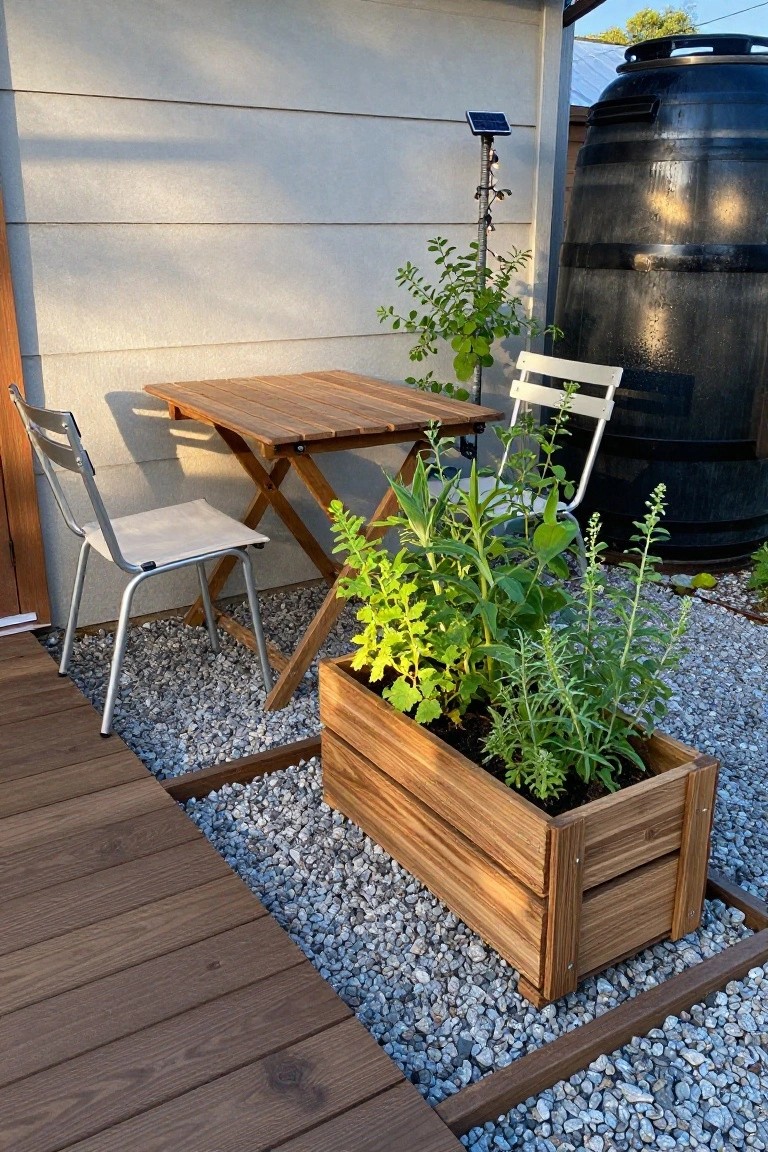 A wooden deck meets a gravel patio area with a rectangular wooden planter box full of green plants, a small wooden table, two metal chairs, and a large black barrel in the background.